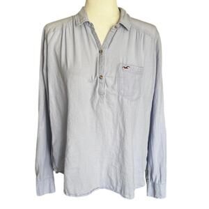 Hollister Light Blue Cotton Popover Shirt Long Sleeve Button Tab Size Larege
